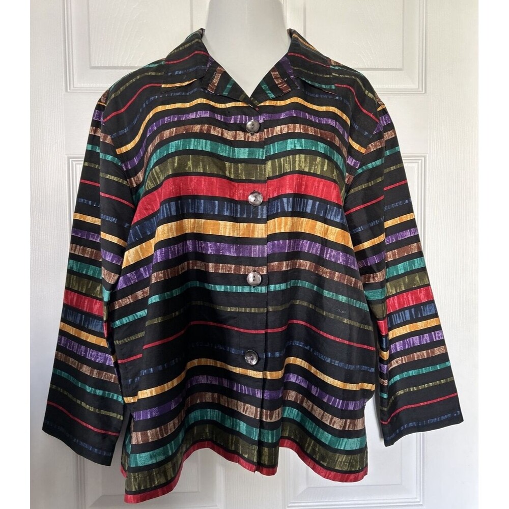 Chico's 2 Silk Jacket Blazer Striped Black Colorful Button Front Women's L 12
